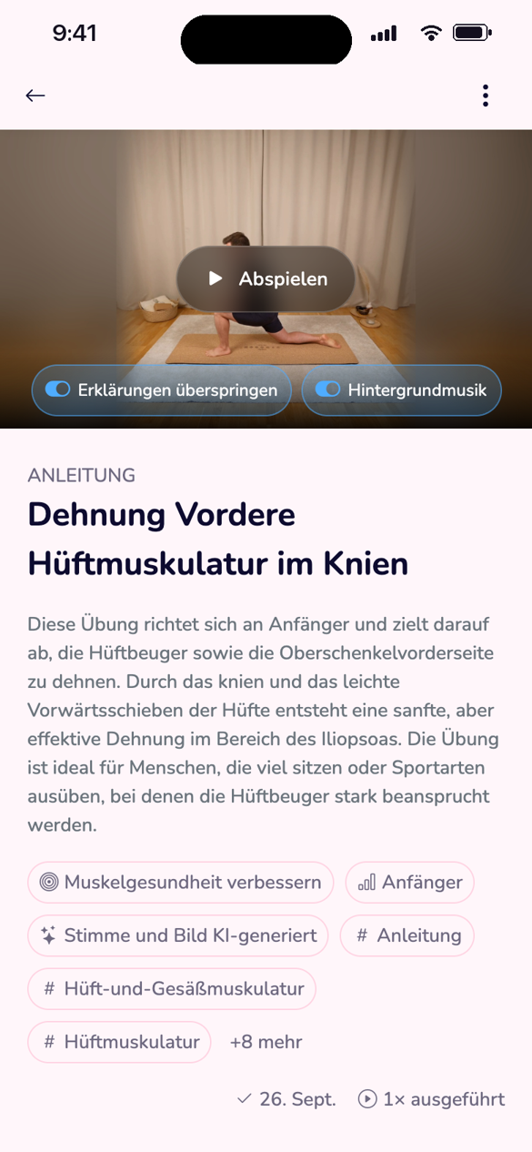 Eine Anleitung in der App: Video, Beschreibung, Einstufung, Ablauf und Hinweise