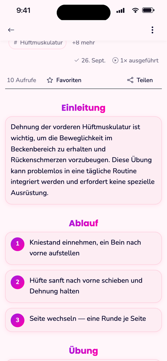 Eine Anleitung in der App: Video, Beschreibung, Einstufung, Ablauf und Hinweise